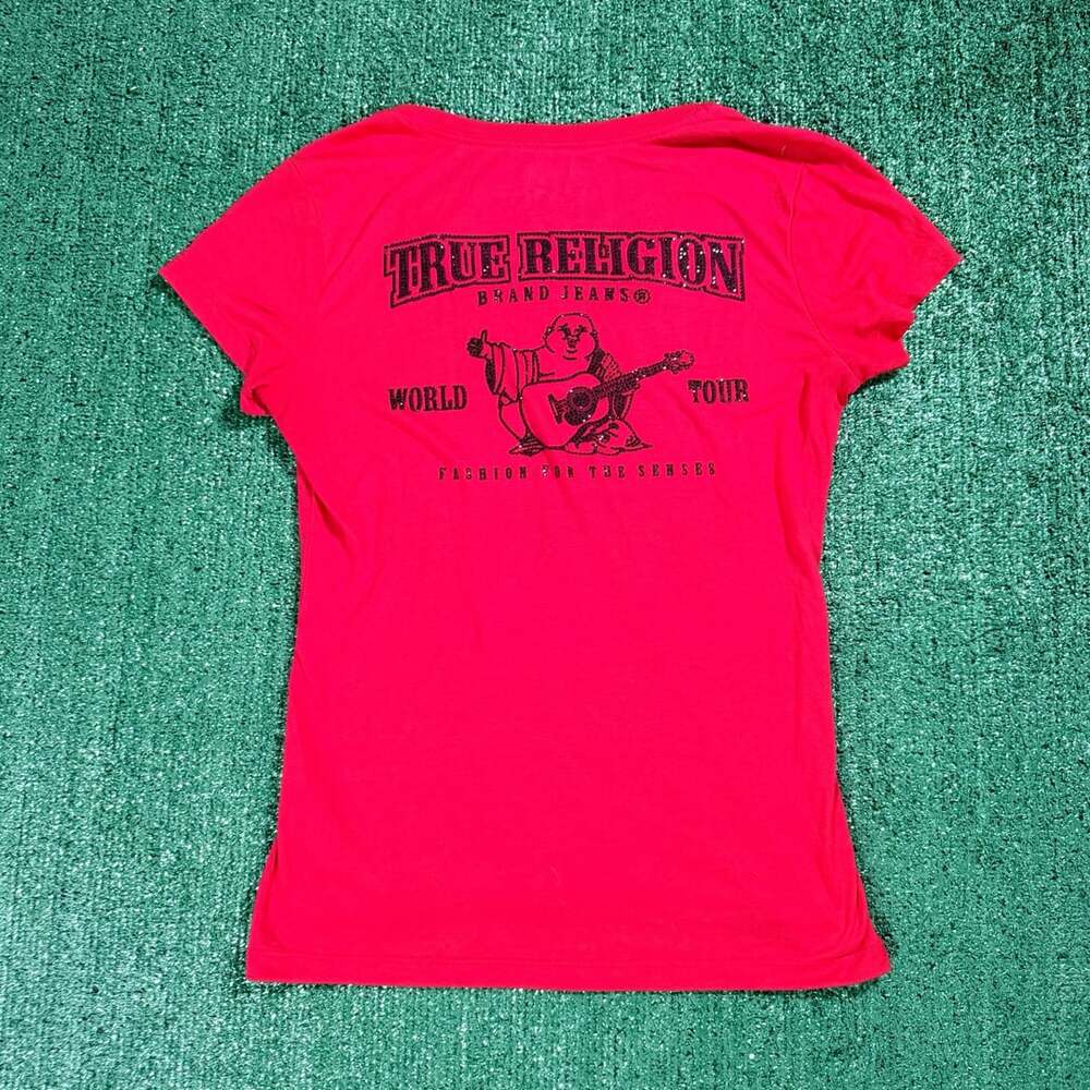 Womens True Religion World Tour Crystal Buddha V-Neck T-Shirt Red Medium